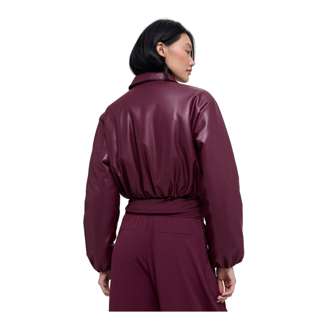 alo Faux Leather Cropped Premier Bomber - Burgundy by Alo Yoga