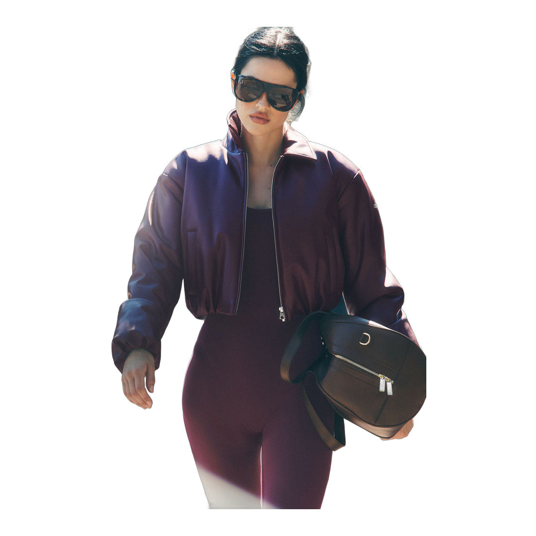 alo Faux Leather Cropped Premier Bomber - Burgundy by Alo Yoga