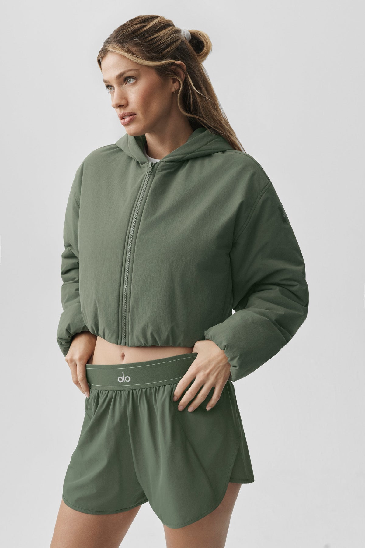 Alo Yoga Cropped Mountain Peak Full-Zip Hoodie in Bamboo Green, product image 3 of 5