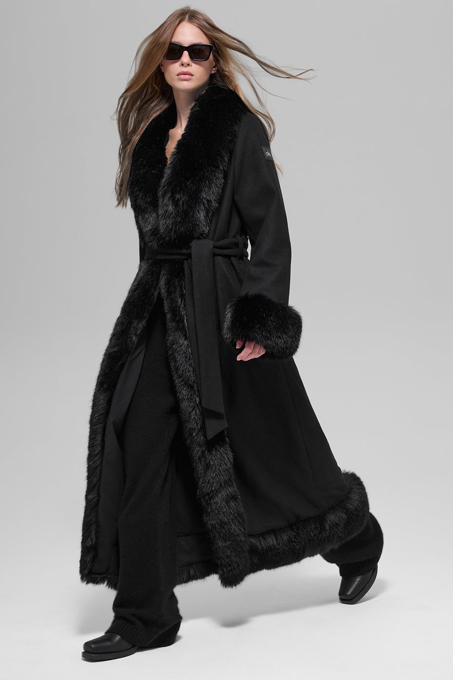 Faux Fur Trimmed Longline Coat - Black (W4776R)