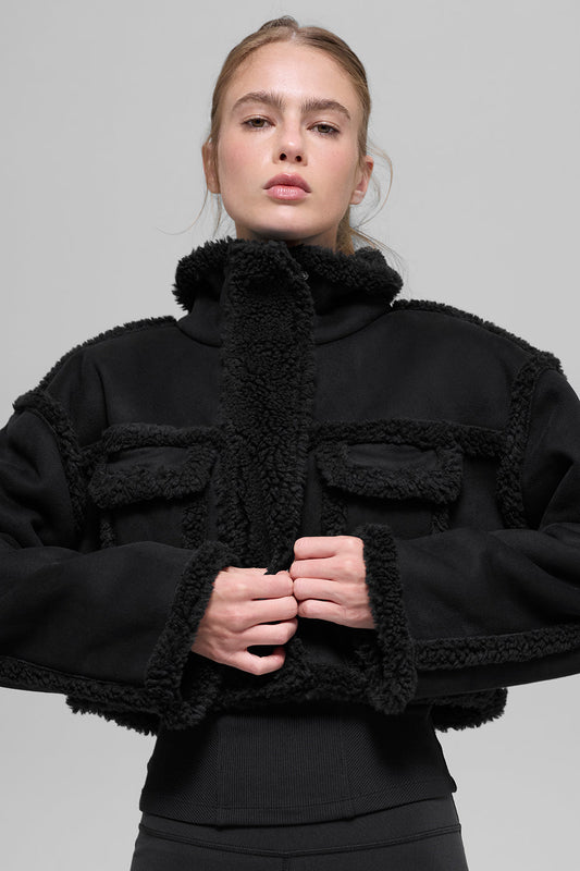 Faux Shearling Snowfall Cropped Jacket - Black (W4800R)