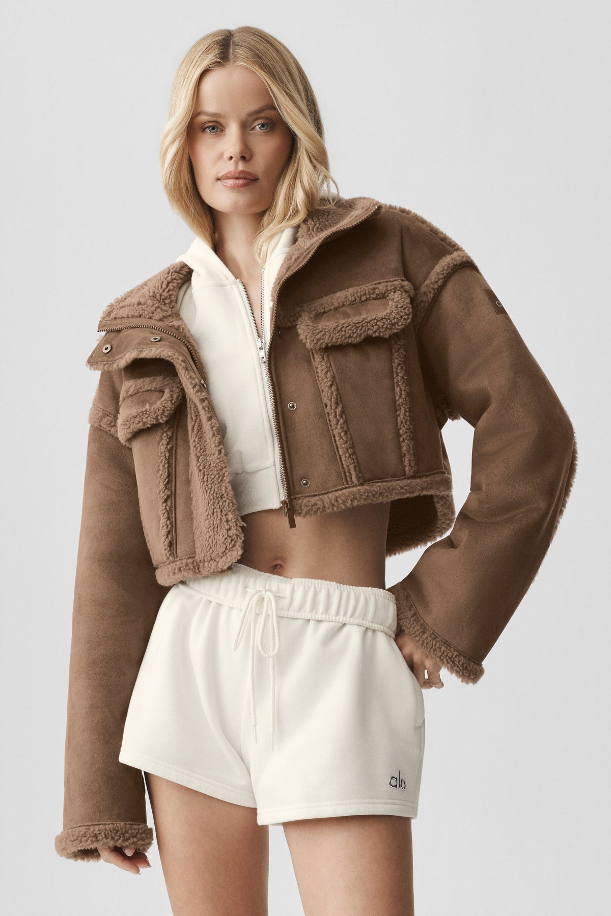 Alo Yoga Faux Shearling Snowfall Cropped Jacket in Java Brown, product image 3 of 5