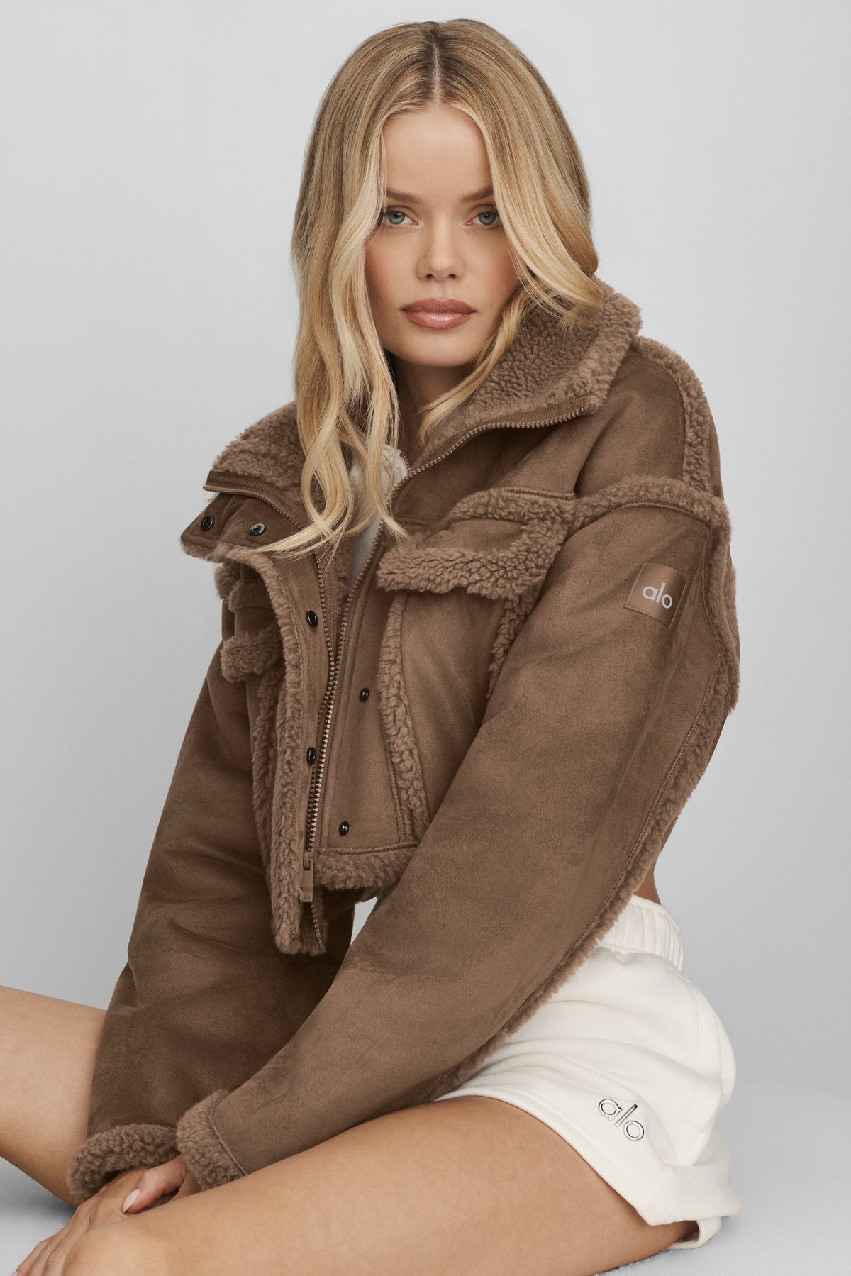 Alo Yoga Faux Shearling Snowfall Cropped Jacket in Java Brown