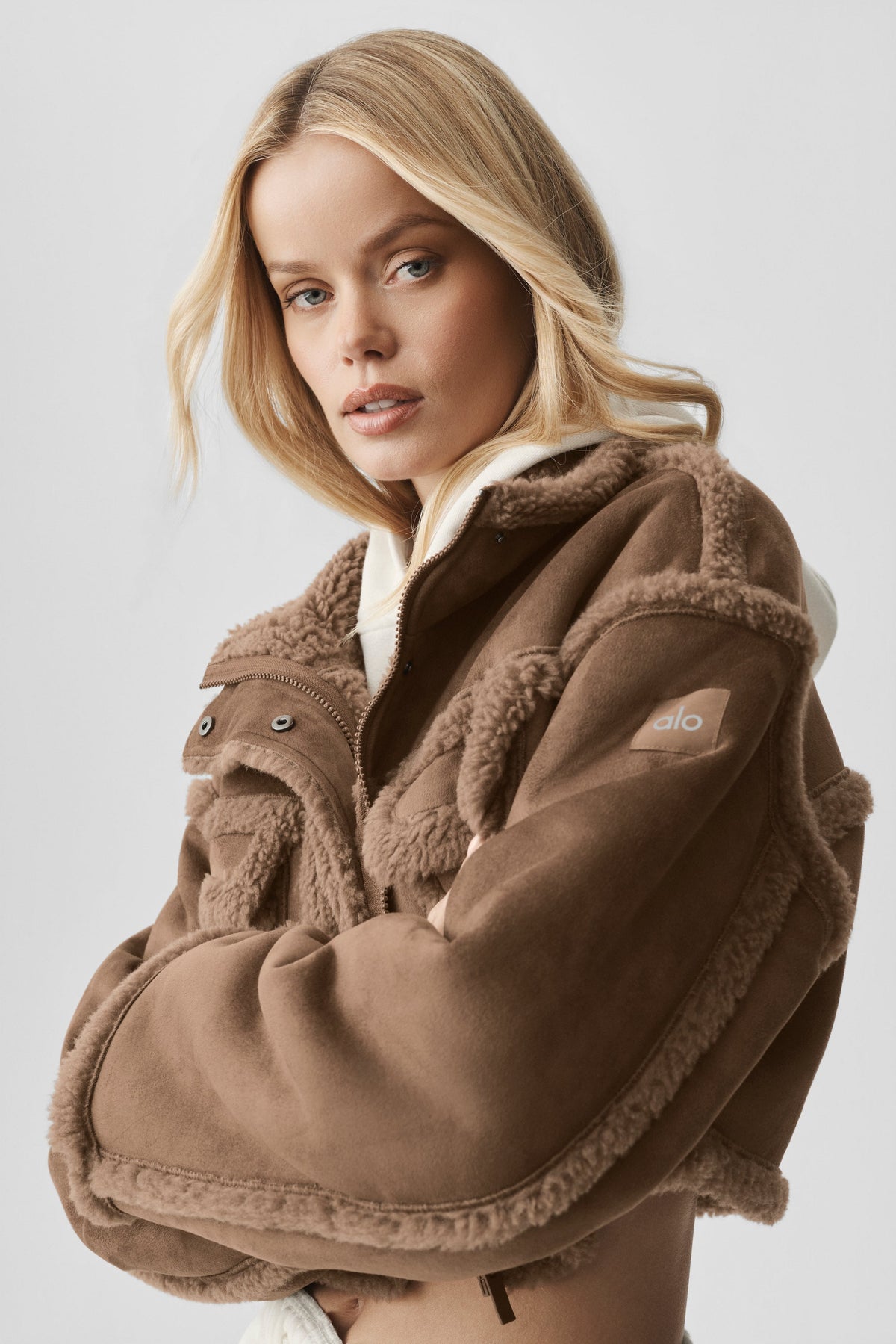 Alo Yoga Faux Shearling Snowfall Cropped Jacket in Java Brown, product image 4 of 5
