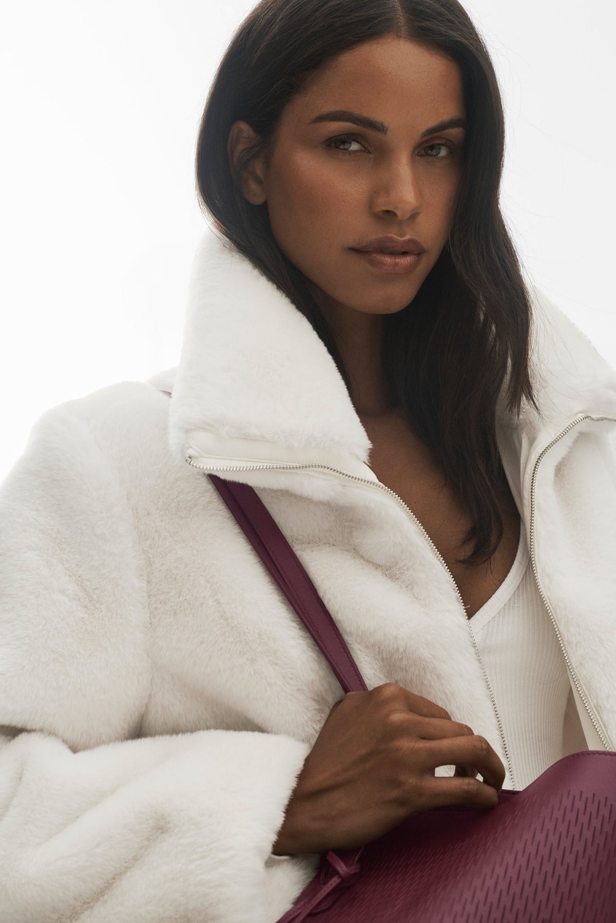 Alo Yoga Faux Fur Cropped Amore Jacket in Ivory, product image 3 of 7