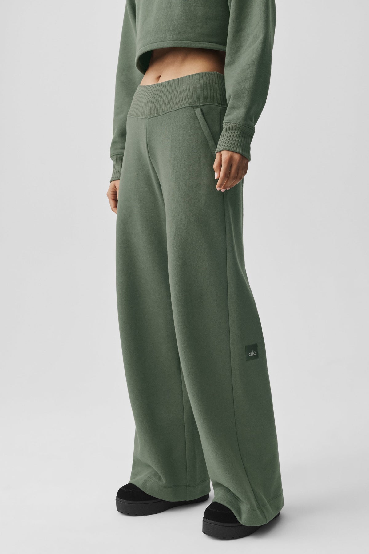 Alo Yoga Serenity Wide Leg Sweatpant in Bamboo Green, product image 3 of 4