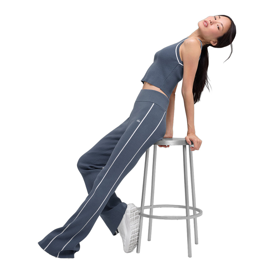 alo Ribbed Sweater Knit Highline Flare Pant - Bluestone/White by Alo Yoga