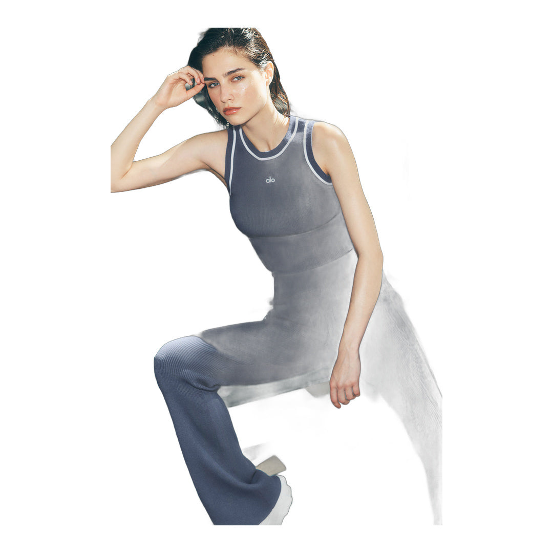 alo Ribbed Sweater Knit Highline Flare Pant - Bluestone/White by Alo Yoga