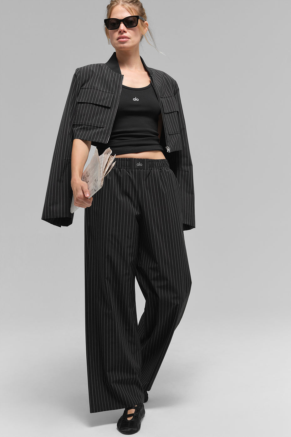 Alo Yoga Pinstripe Daylight Boxer Pant (Regular) in Black/Titanium, product image 5 of 5