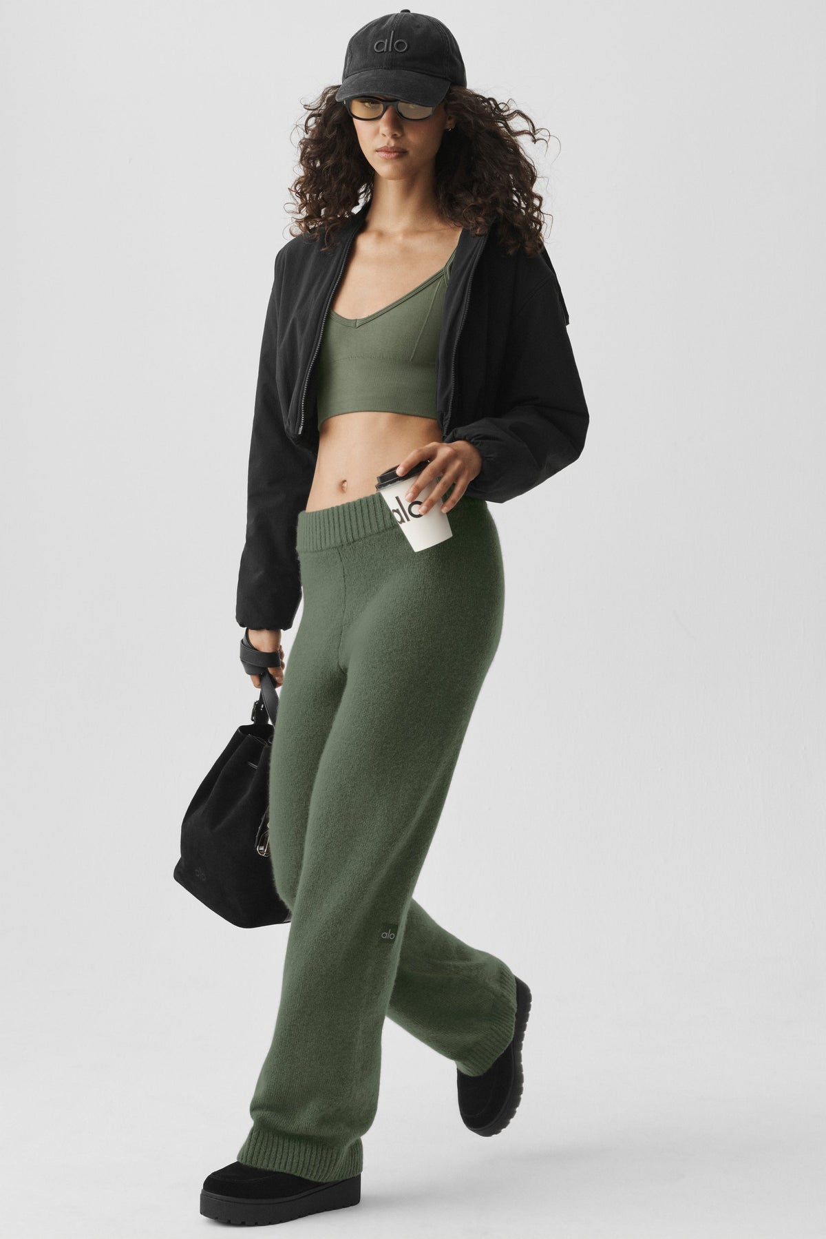 Alo Yoga Wool Cashmere High-Waist New Class Wide Leg Pant in Bamboo Green