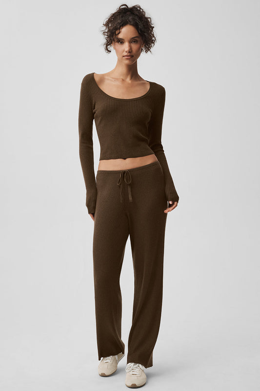 Sweater Knit Mid-Rise Unwind Wide Leg Pant - Espresso (W54319R)