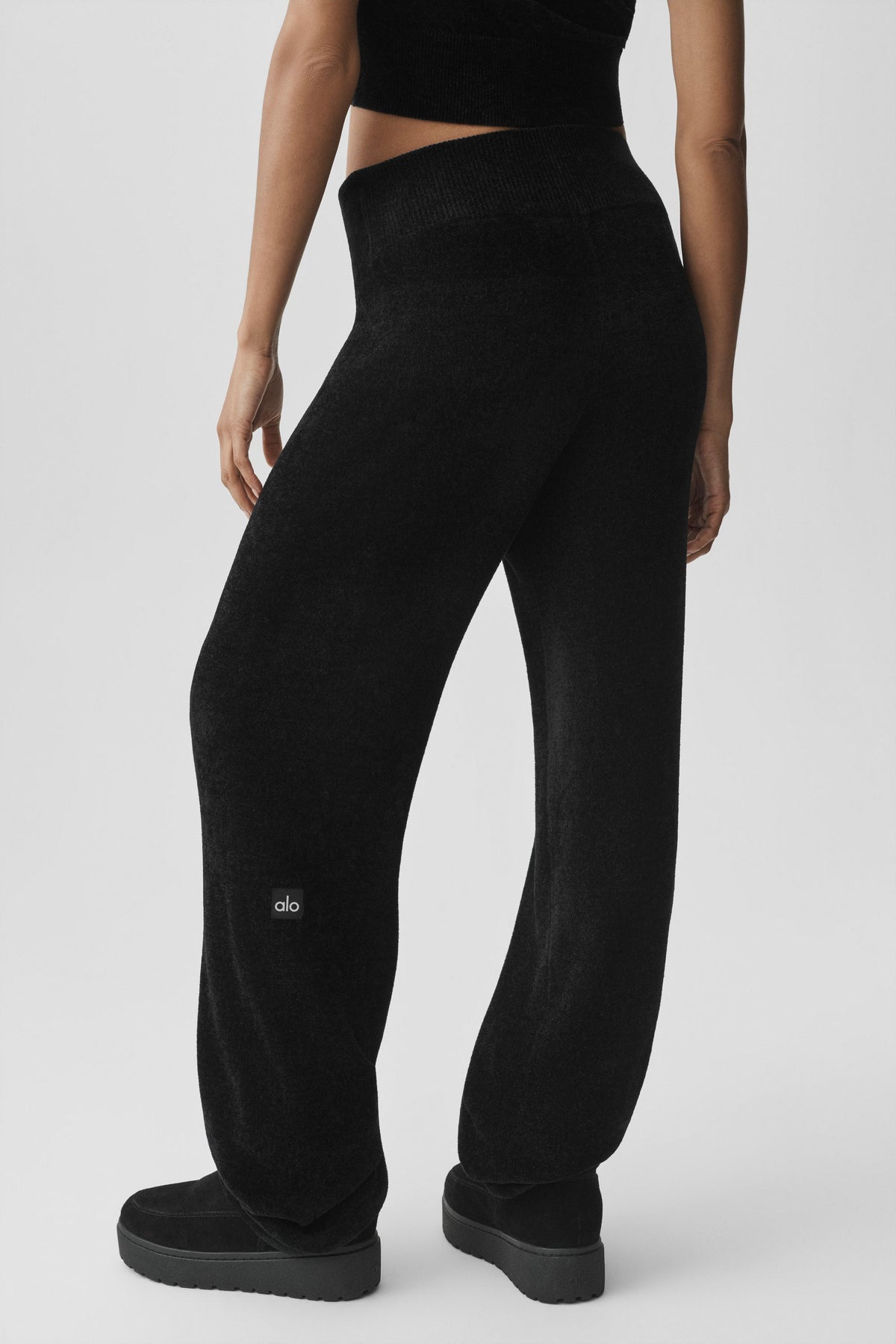 Alo Yoga Micro Chenille High-Waist Straight Leg Pant in Black, product image 4 of 5