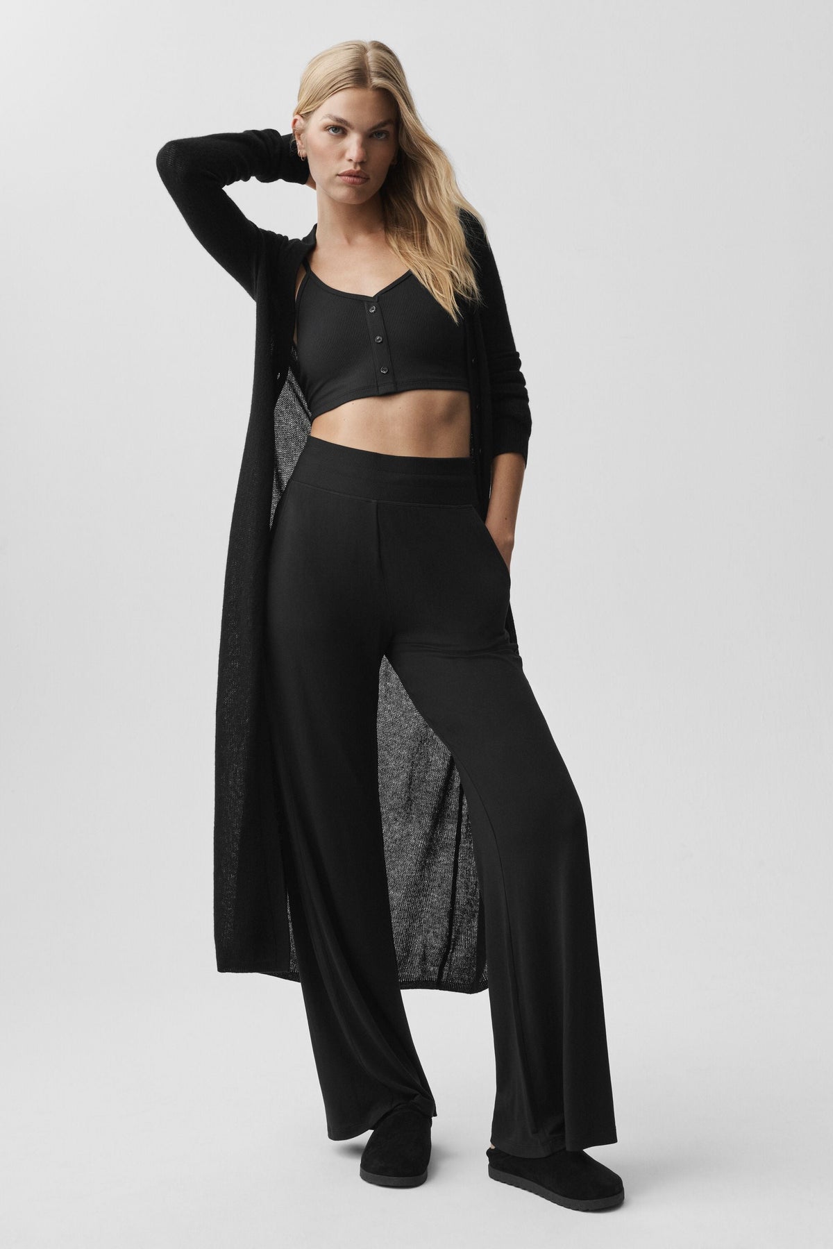 Alo Yoga Semi-Sheer Delicate Lounge Flare Pant (Long) in Black, product image 5 of 5