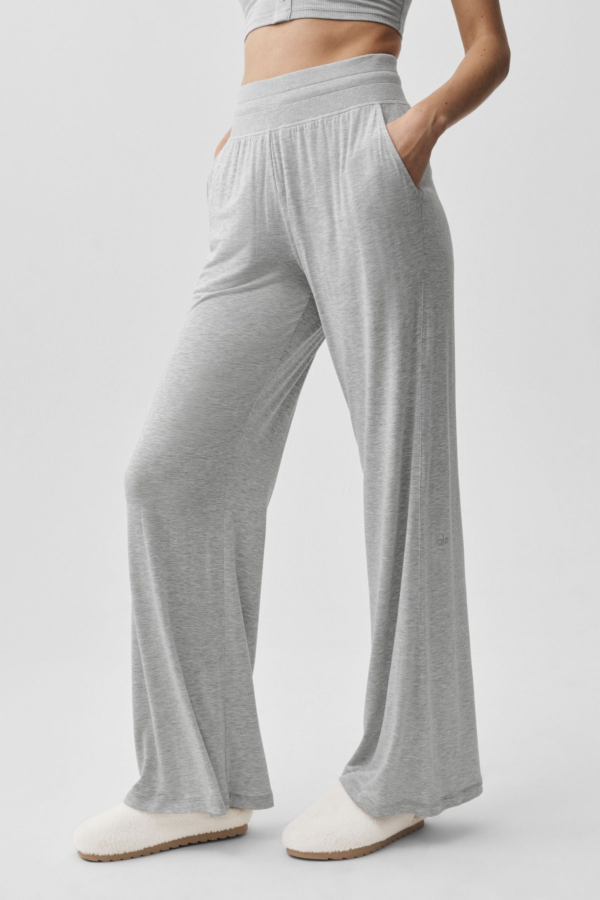 Alo Yoga Semi-Sheer Delicate Lounge Flare Pant (Long) in Athletic Heather Grey