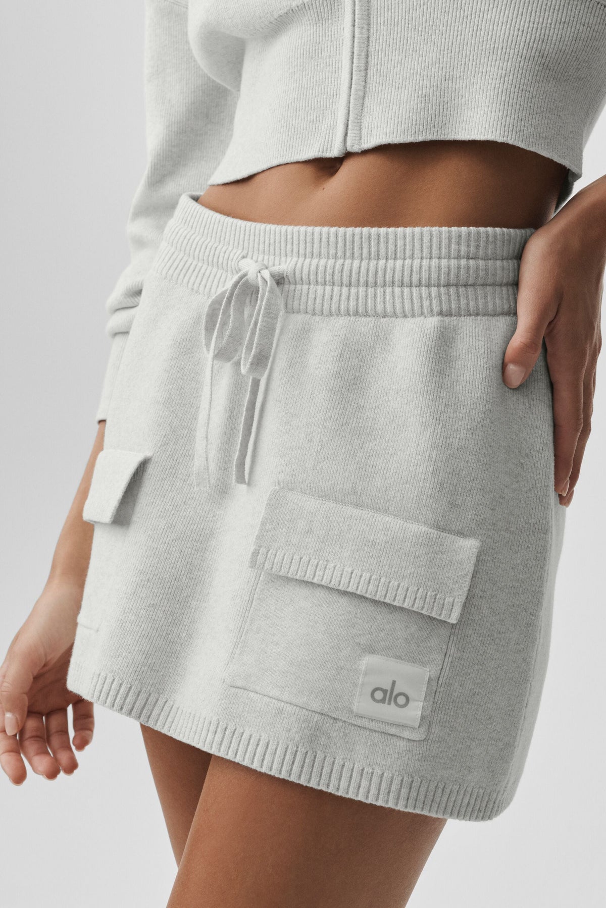 Alo Yoga Scholar Knit Cargo Skirt in White Heather, product image 4 of 5