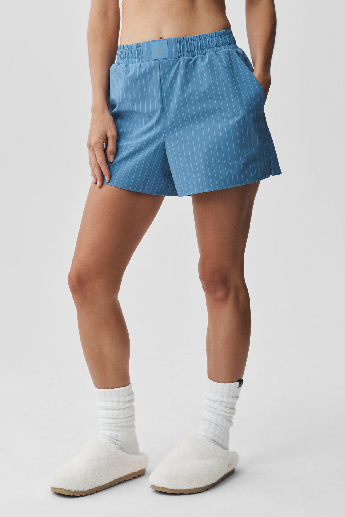 Alo Yoga Pinstripe Daylight Boxer Short in California Blue/White, product image 3 of 5