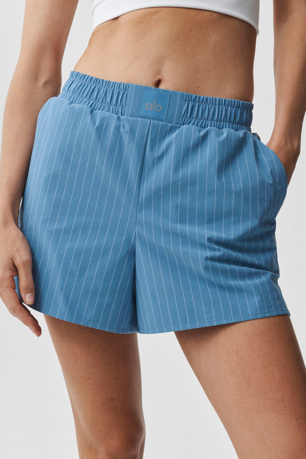 Alo Yoga Pinstripe Daylight Boxer Short in California Blue/White, product image 4 of 5