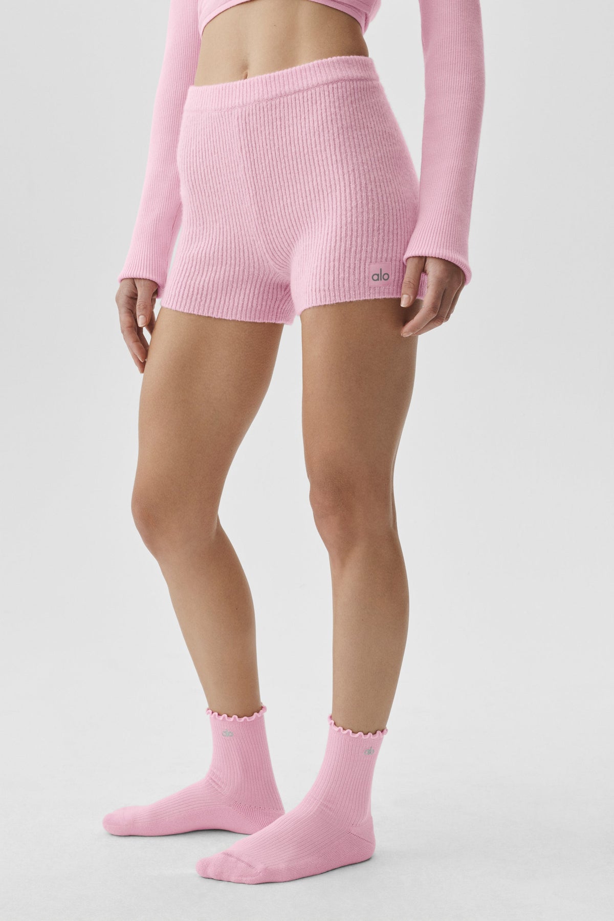 Alo Yoga Wool Cashmere Ribbed Noble Short in Pink Marshmallow, product image 2 of 4