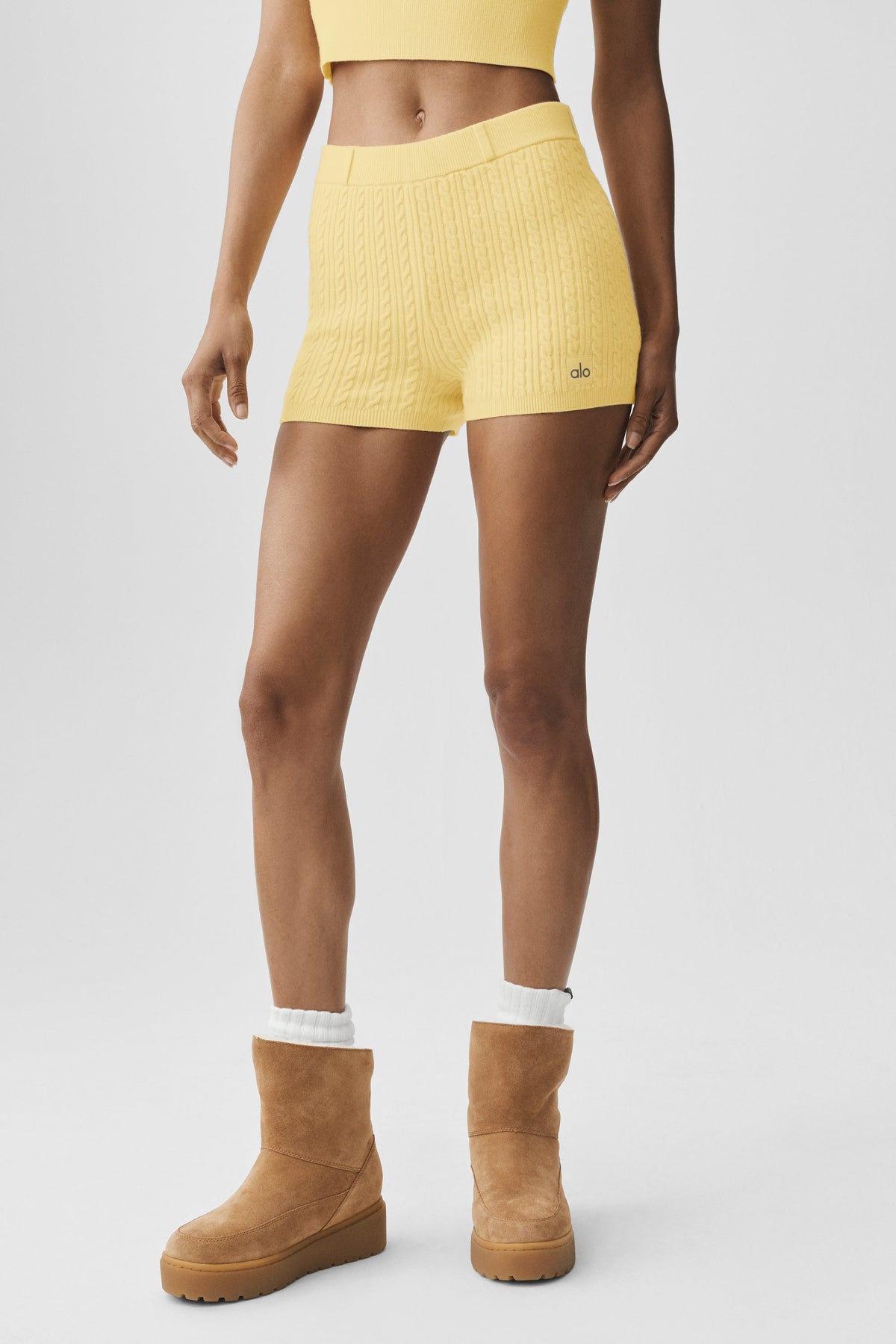 Alo Yoga Mini Cable High-Waist Sweater Short in Warm Butter, product image 3 of 5