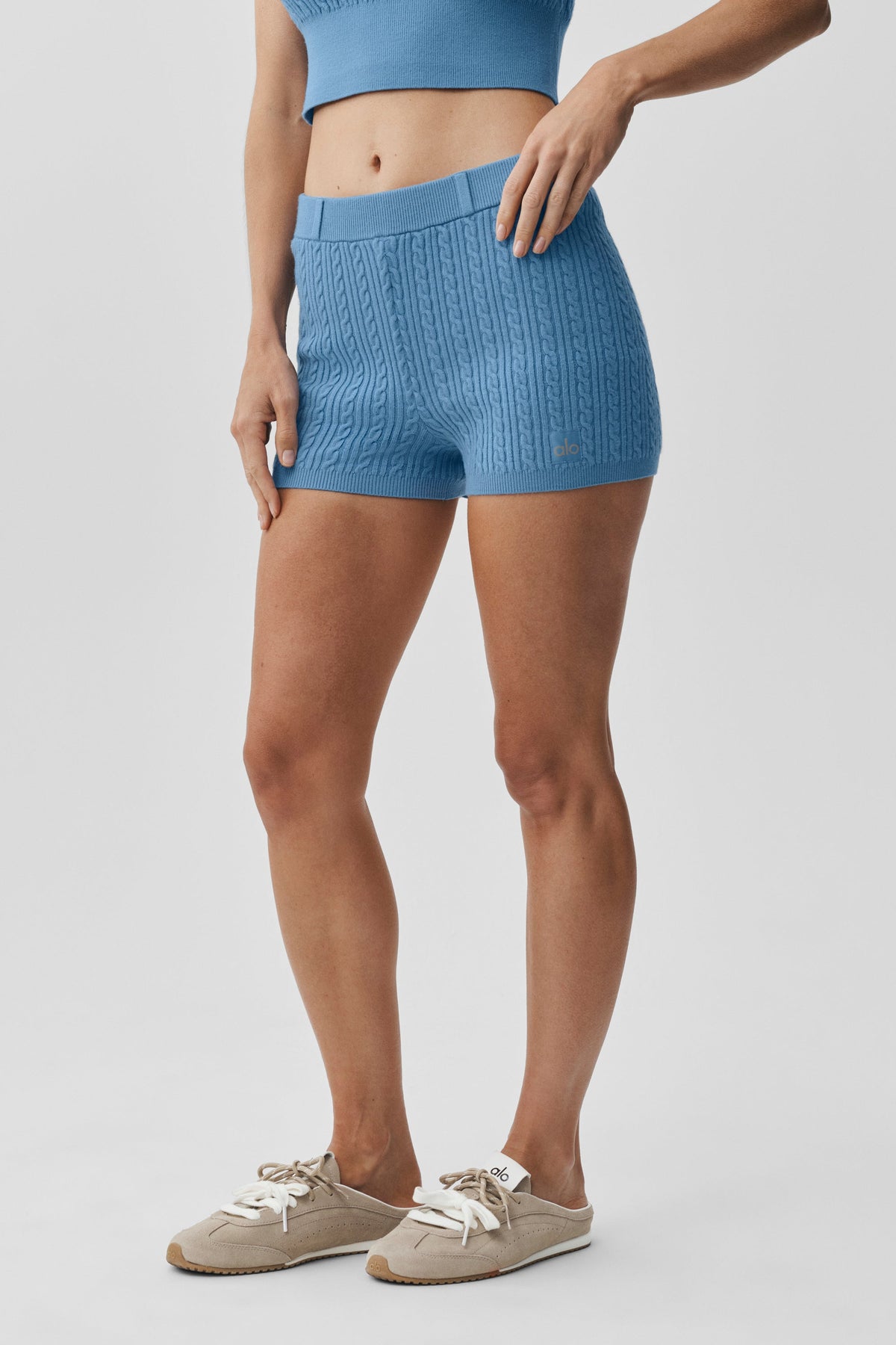 Alo Yoga Mini Cable High-Waist Sweater Short in California Blue, product image 2 of 5