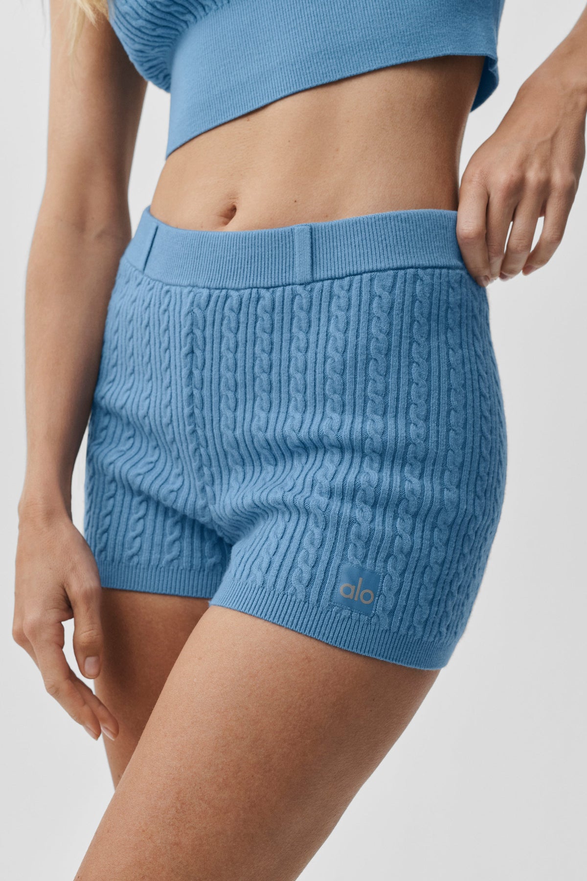 Alo Yoga Mini Cable High-Waist Sweater Short in California Blue, product image 4 of 5