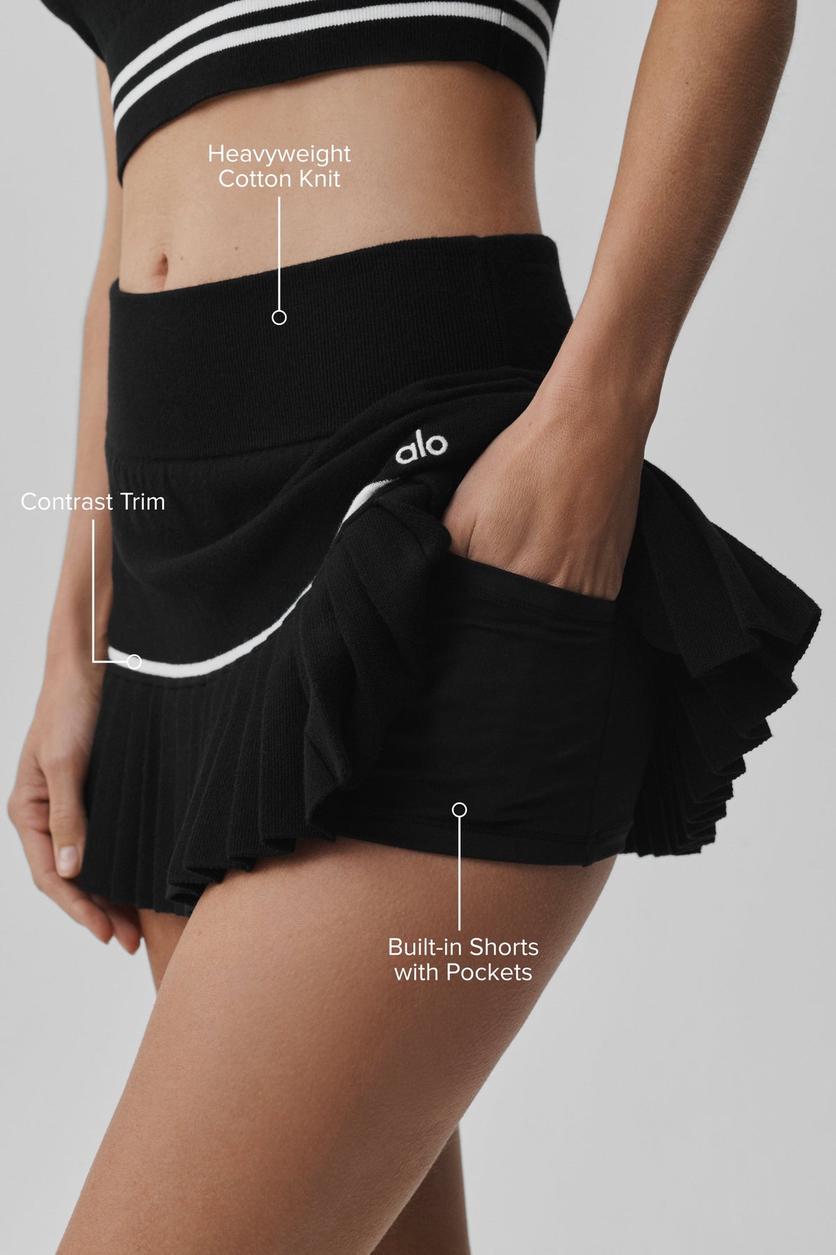 Alo Yoga Scholar Knit High-Waist My Serve Tennis Skirt in Black/White, product image 2 of 4