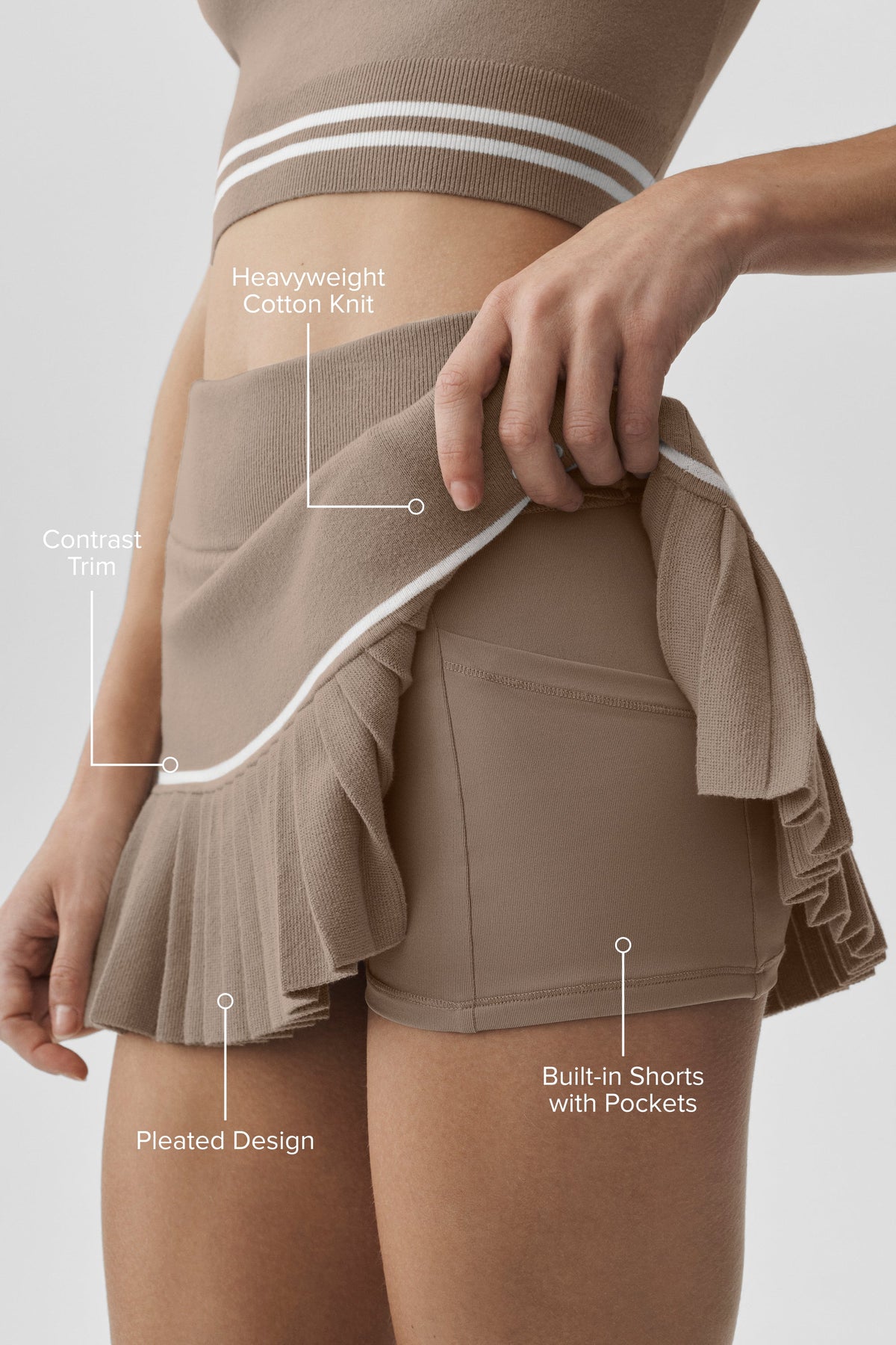 Alo Yoga Scholar Knit High-Waist My Serve Tennis Skirt in Gravel/White, product image 2 of 4
