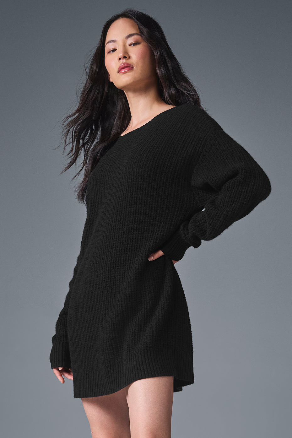 Cashmere Plush Waffle Dress - Black (W8290R)