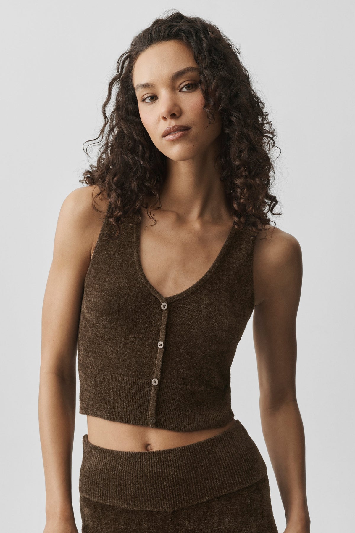 Alo Yoga Micro Chenille Button Down Tank in Espresso, product image 3 of 6