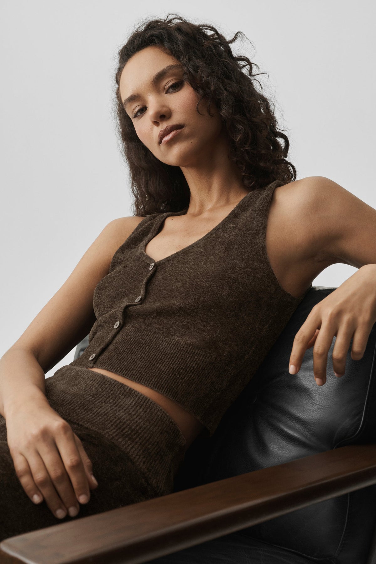Alo Yoga Micro Chenille Button Down Tank in Espresso, product image 5 of 6