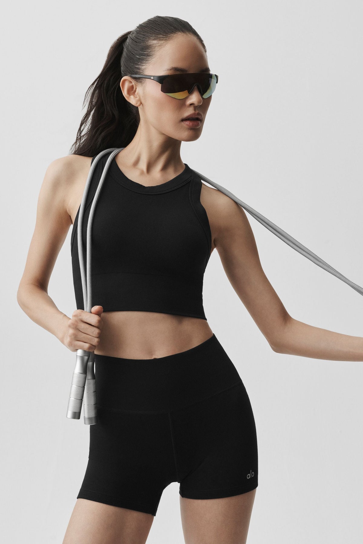 Alo Yoga Seamless Modal Ribbed High Neck Delight Bra in Black, product image 4 of 4