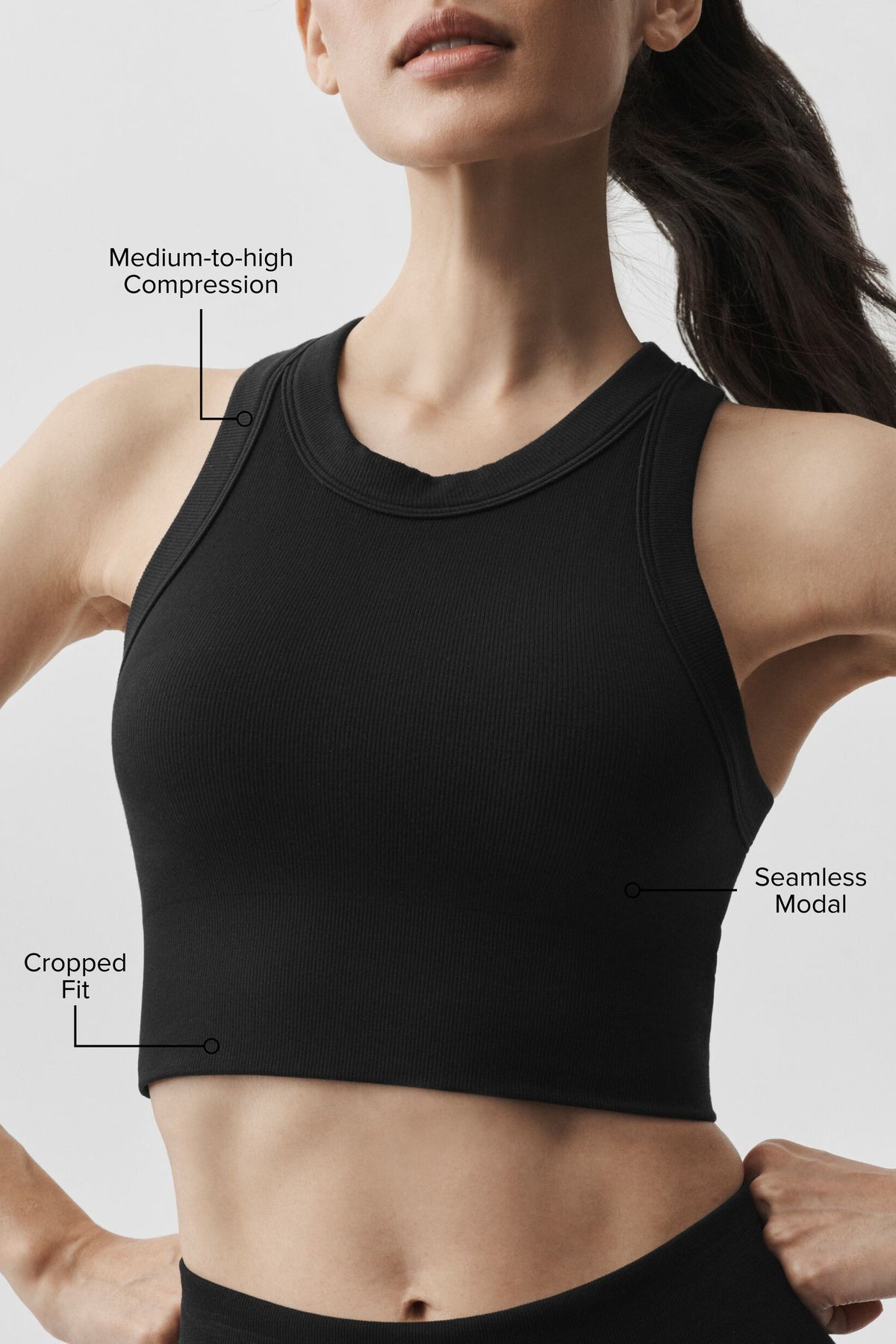 Alo Yoga Seamless Modal Ribbed High Neck Delight Bra in Black, product image 2 of 4
