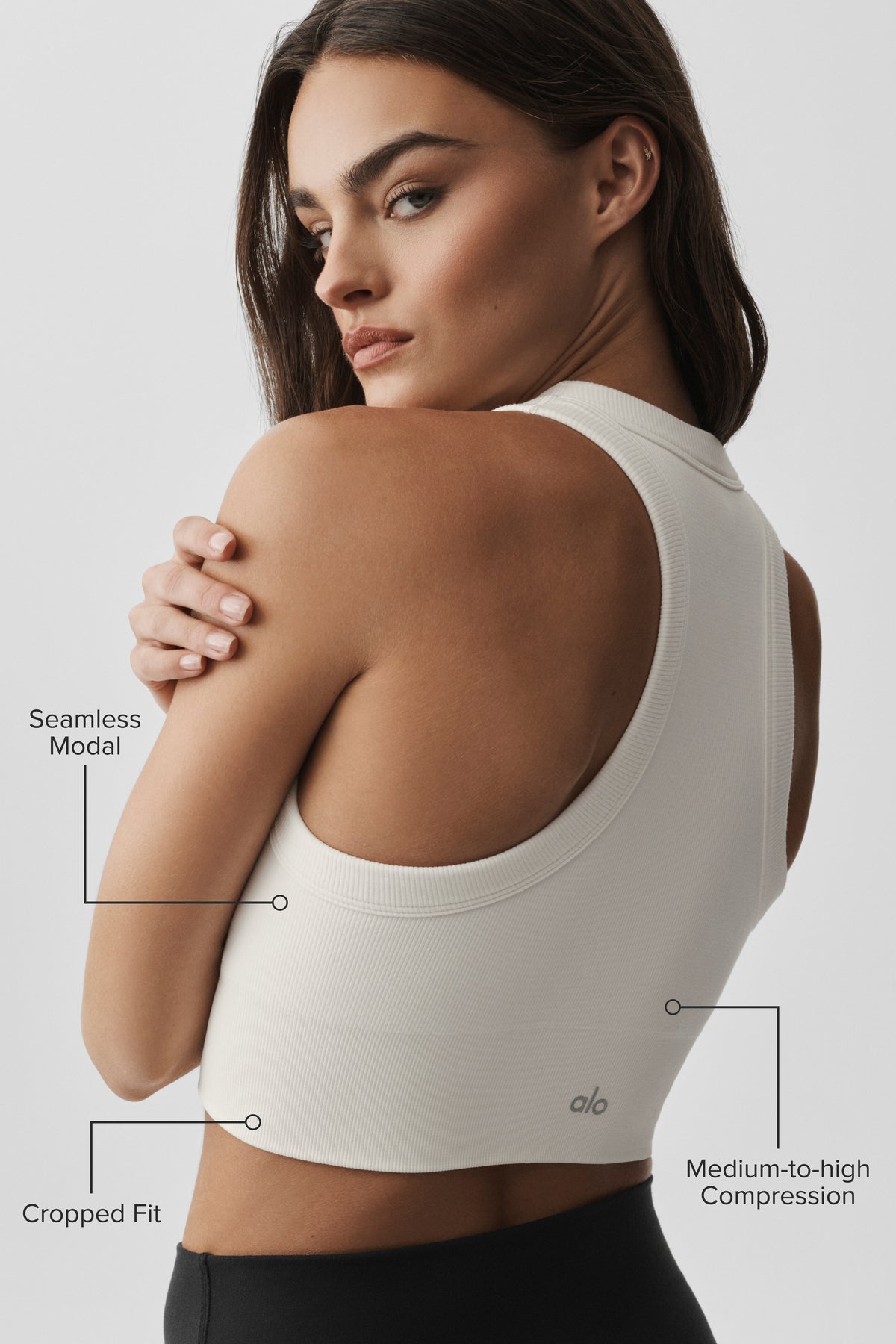 Alo Yoga Seamless Modal Ribbed High Neck Delight Bra in Ivory, product image 2 of 5