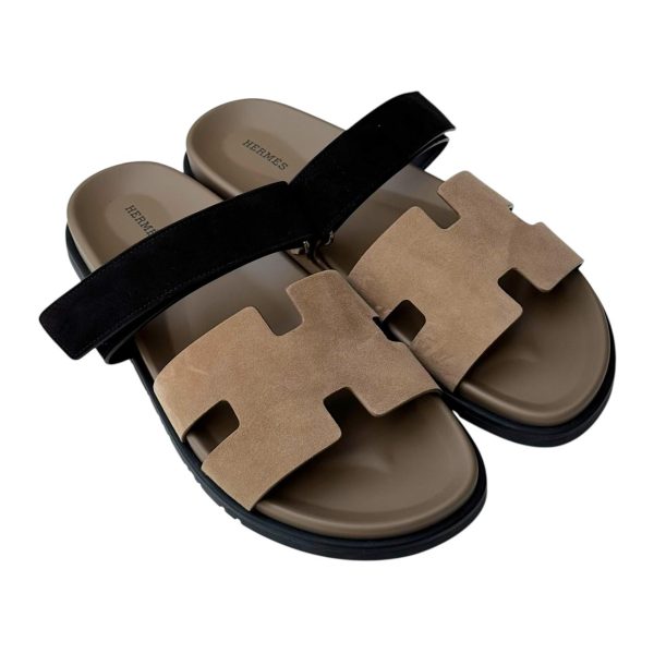 Hermès Chypre Sandals – Etoupe & Black Suede Goatskin Edition