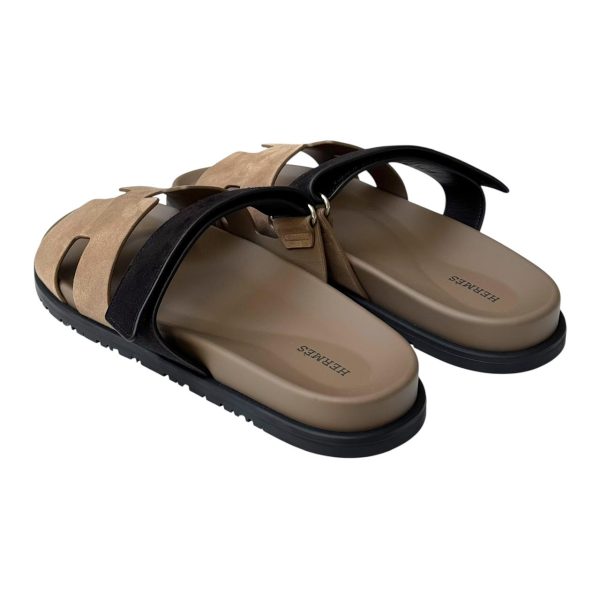 Hermès Chypre Sandals – Etoupe & Black Suede Goatskin Edition