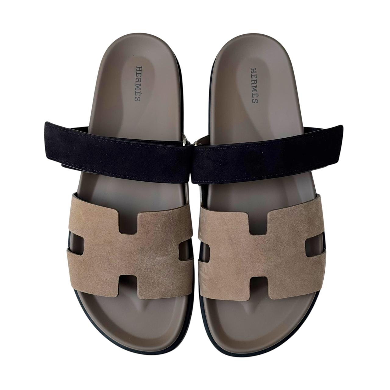 Hermès Chypre Sandals – Etoupe & Black Suede Goatskin Edition