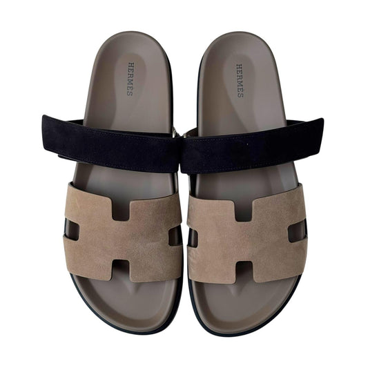 Hermès Chypre Sandals – Etoupe & Black Suede Goatskin Edition - Zeuskicks