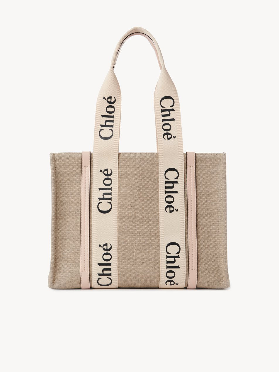 CHLOE Woody tote bag in linen Cement Pink by CHLOE