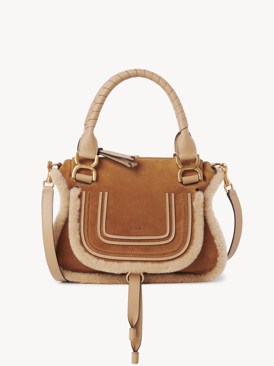 CHLOE Small Marcie bag in suede leather & shearling Summery Beige by CHLOE
