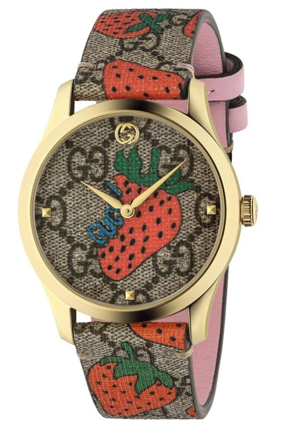 Women's Gucci G-Timeless YA1264133 Strawberry Leather Strap Watch