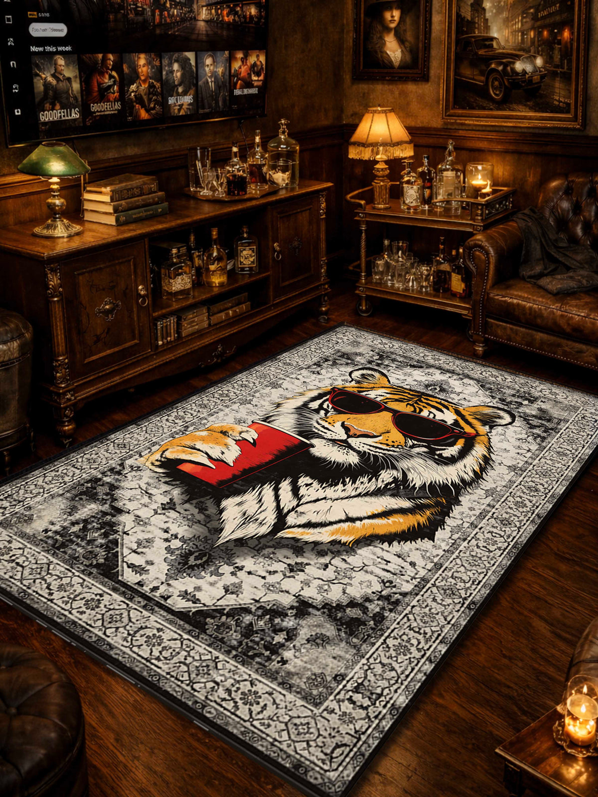 Grey Cool Tiger Traditional Washable Custom Rug by THE DRIP CO. RUGS