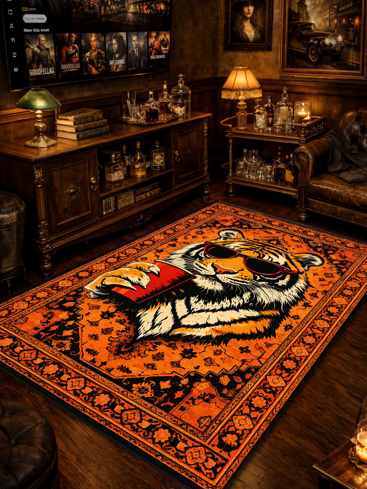 Orange Cool Tiger Traditional Washable Custom Rug by THE DRIP CO. RUGS