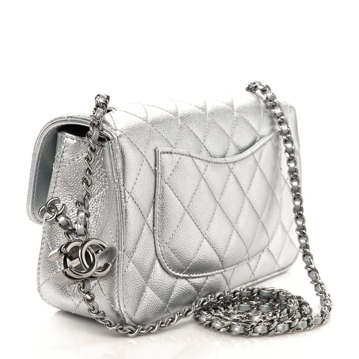 Chanel Metallic Caviar Quilted Mini Rectangular CC Slide Flap – Silver