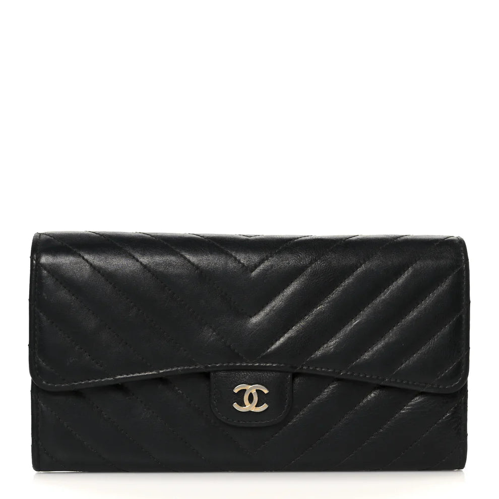 Chanel Calfskin Chevron Quilted Large Gusset Flap Wallet – Black