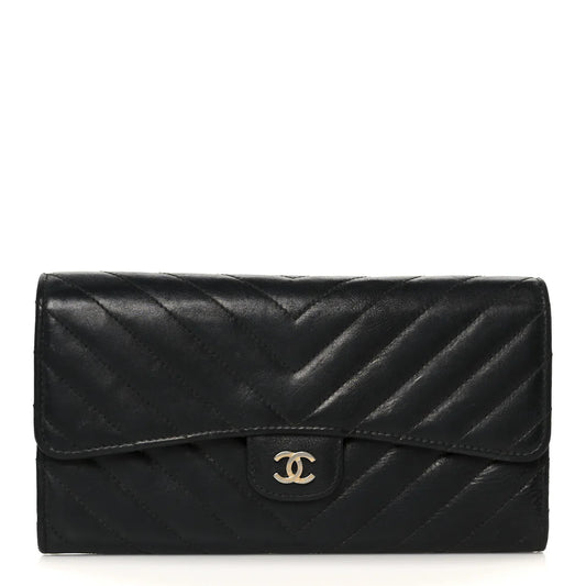 Chanel Calfskin Chevron Quilted Large Gusset Flap Wallet – Black - Zeuskicks