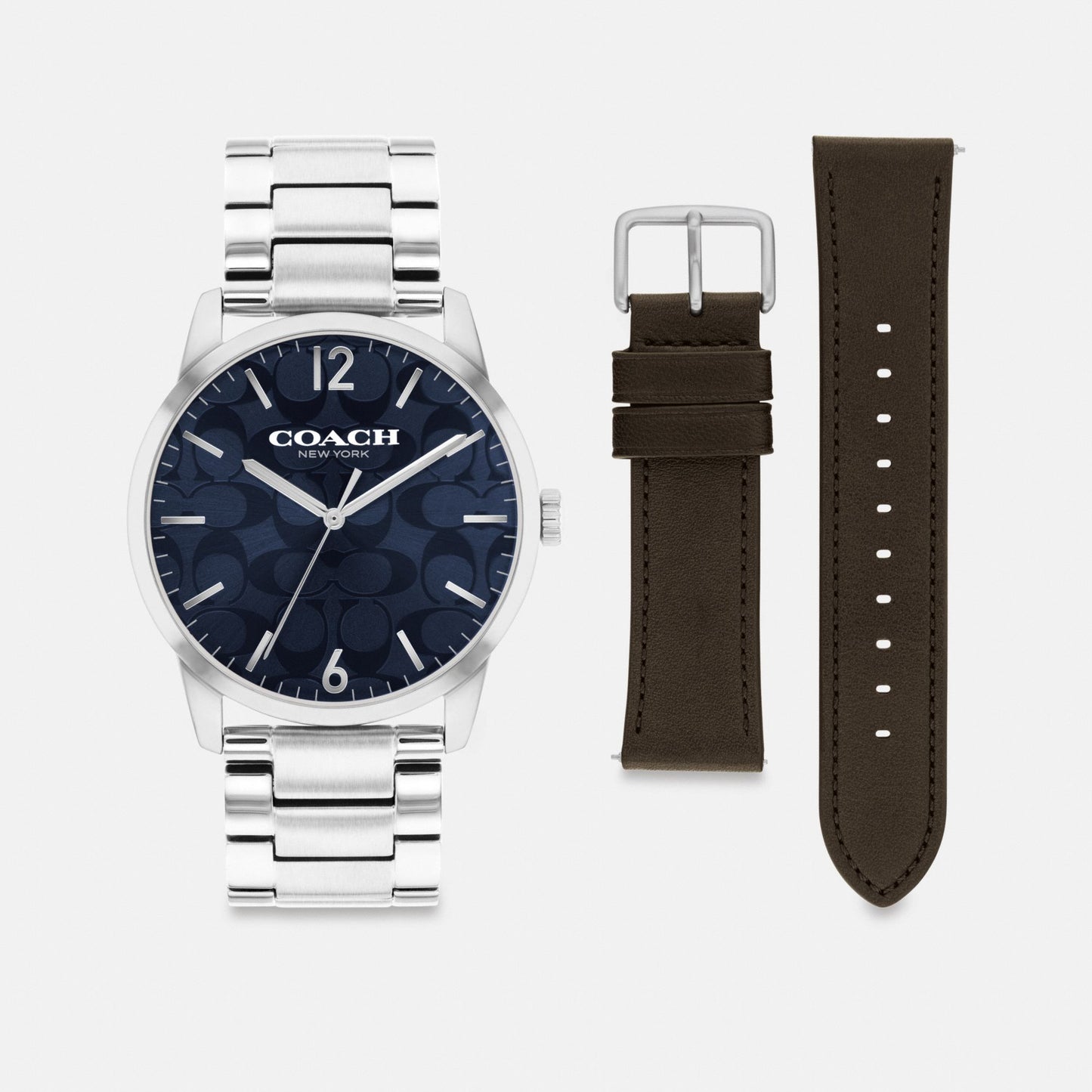 Men's Coach Keane Watch Gift Set, 39 Mm in Stainless Steel/ Saddle, style CCT22 #color_Stainless Steel/ Saddle — front view