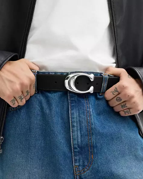 COACH Sculpted C Buckle Reversible Belt 38mm – Black Signature/Black