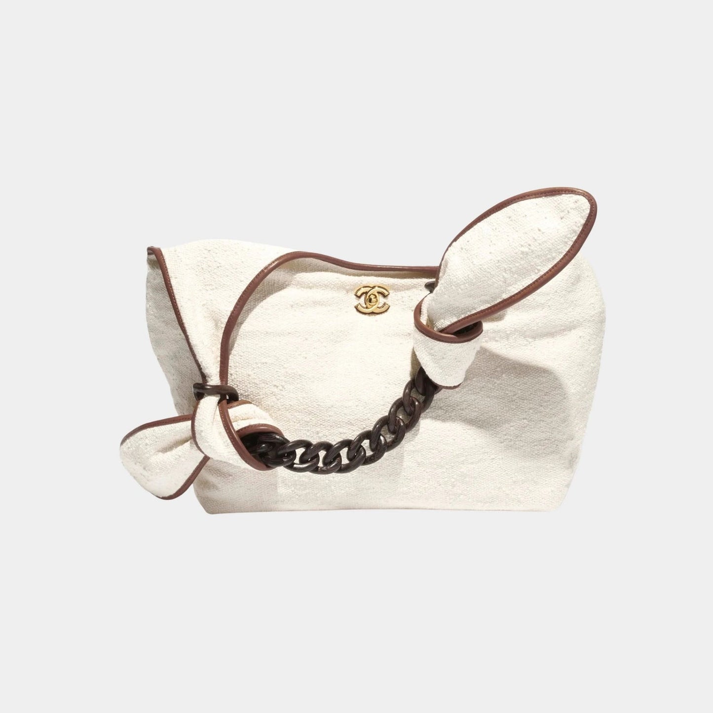 CHANEL Maxi Hobo Bag Canvas Calfskin Wood & Gilded Metal – Ecru & Camel