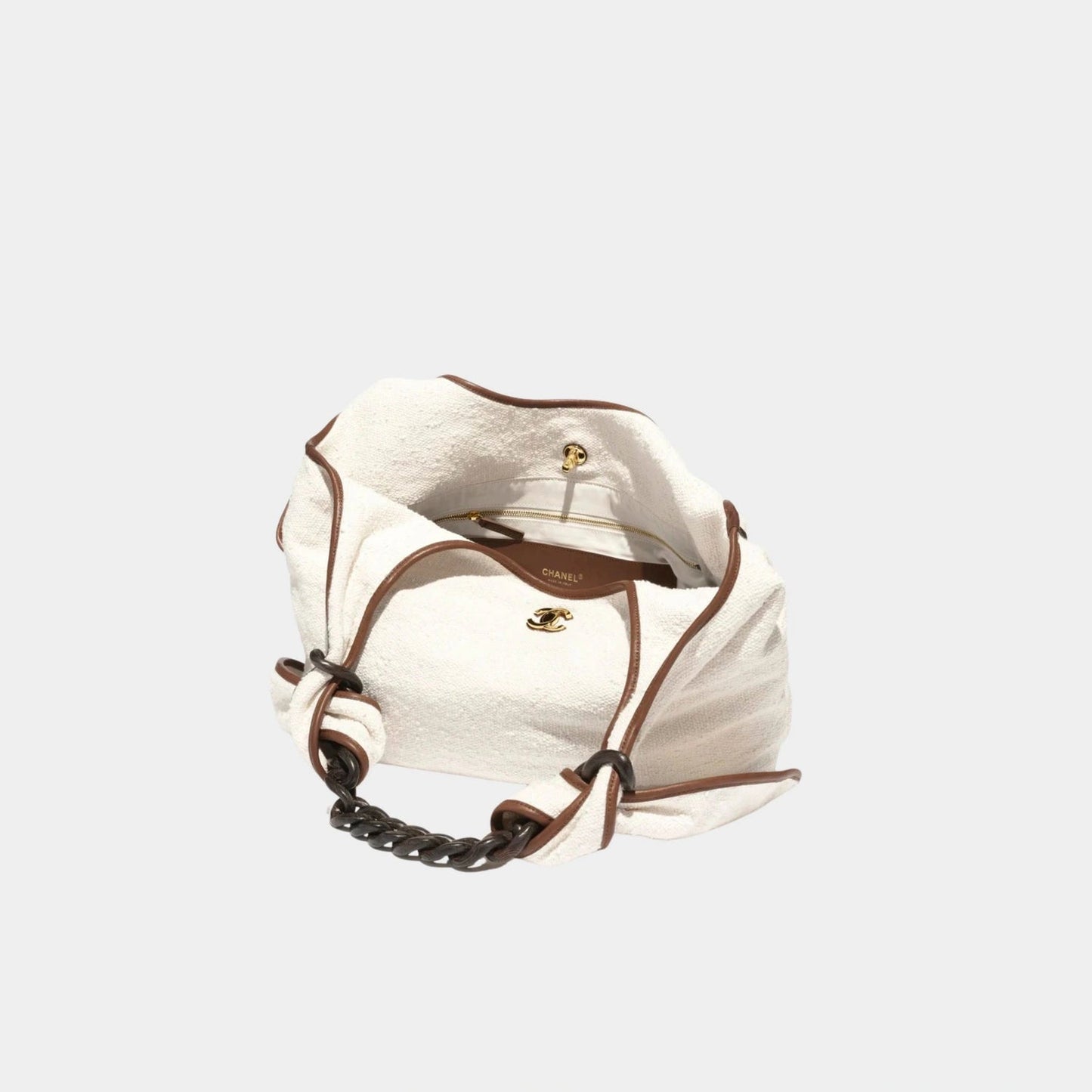 CHANEL Maxi Hobo Bag Canvas Calfskin Wood & Gilded Metal – Ecru & Camel