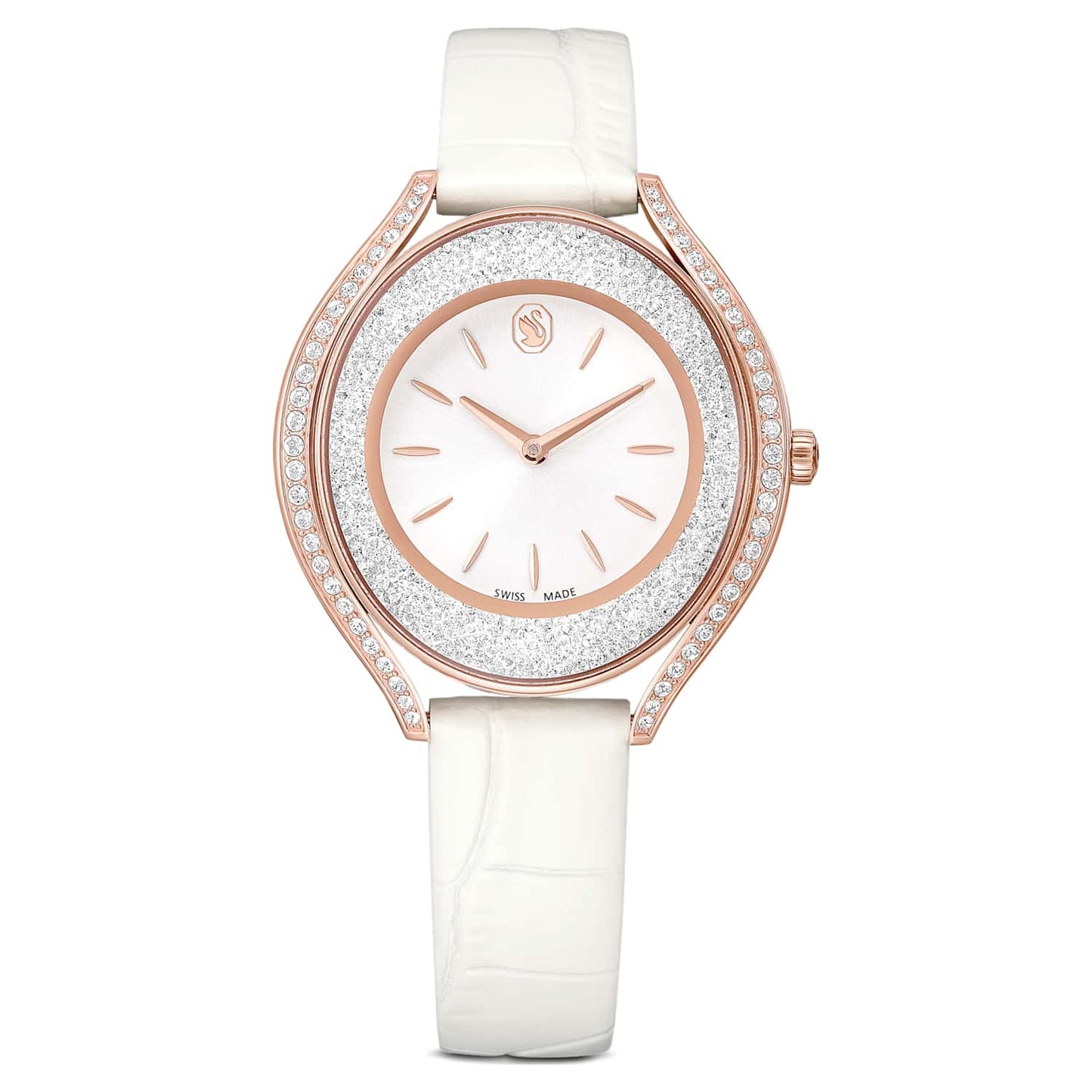 Crystalline aura watch, Swiss Made, Leather strap, White, Rose gold-tone finish